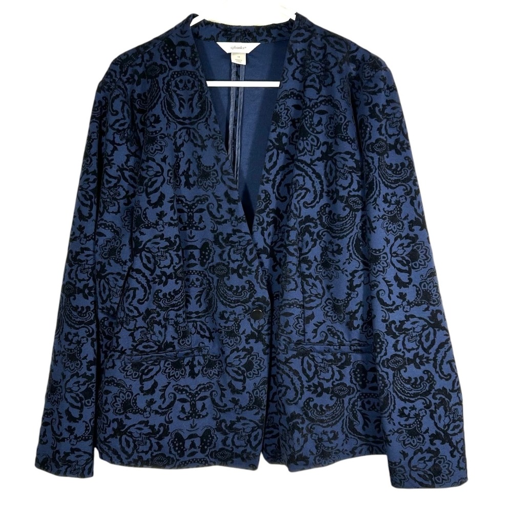 CJ Banks Womens 1X Blue Black Velvet Damask Blazer Single Button Plus Size